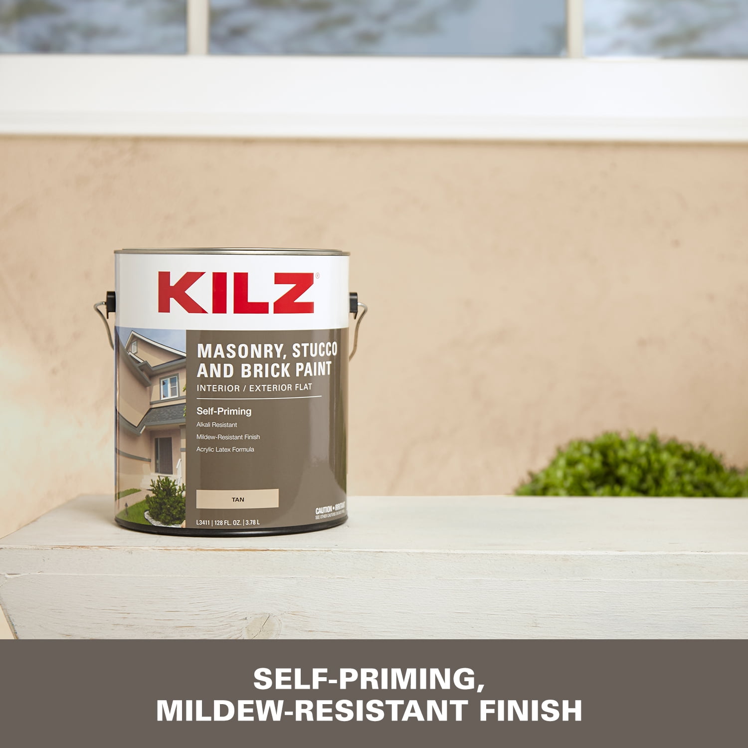 KILZ Self-Priming Masonry, Stucco and Brick Paint, Interior/Exterior, Flat, Tan, 1 Gallon