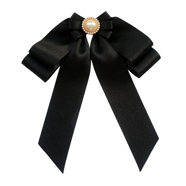 Broche de lazo preatado para mujer, broche para corbatas, broche elegante con cuentas, broche de lazo, broche de cinta para bufanda, abrigo, esmoquin, Negro