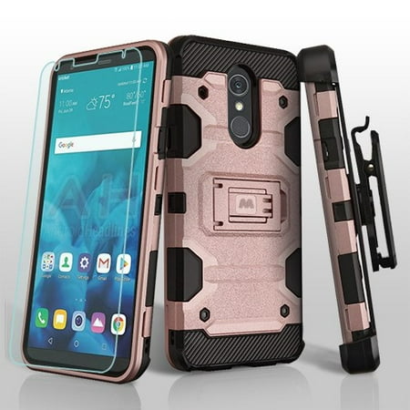 Lg G3 Phone Case Gold Wydan Case For LG Stylo 4 - Holster Shockproof Kickstand Hard Belt Clip Heavy Duty Hybrid Phone Cover with Tempered Glass Screen Protector - Rose Gold on Black ()