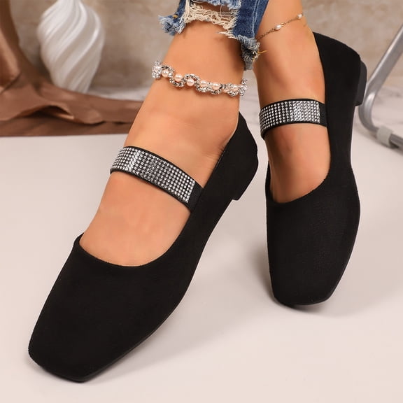Office Shoes, Widestep Shoes for Women, Womens Flats, Womens Rhinestone Mary Jane Flats Square Toe Ballet Shoes Closed Toe Low Heel Dress Shoes for Office Party Daily, Black US-5.5/EU-36