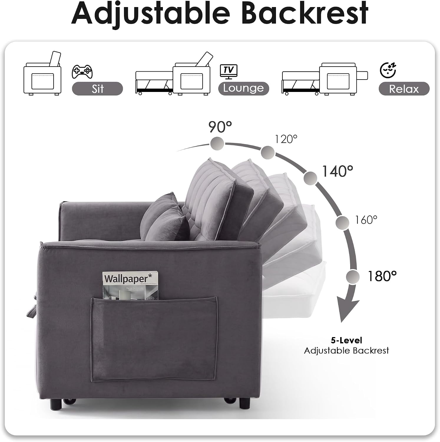 55" 3-in-1 Convertible Loveseat Sleeper Sofa, Velvet, with Pull-Out Bed, Reclining Backrest and Side Pockets, Dark Gray