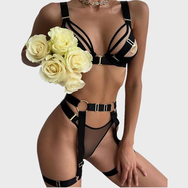 Conjunto de lencería sexy de tres piezas con tirantes de metal resistentes y circunferencia de pierna para discoteca