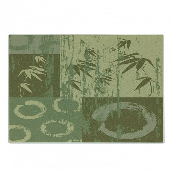 Bamboo Print Cutting Board, Circle and Bamboo Silhouette over Vintage Color Oriental Eastern Patchwork Art, Decorative Tempered Glass Cutting and Serving Board, Small Size, Green, by Ambesonne