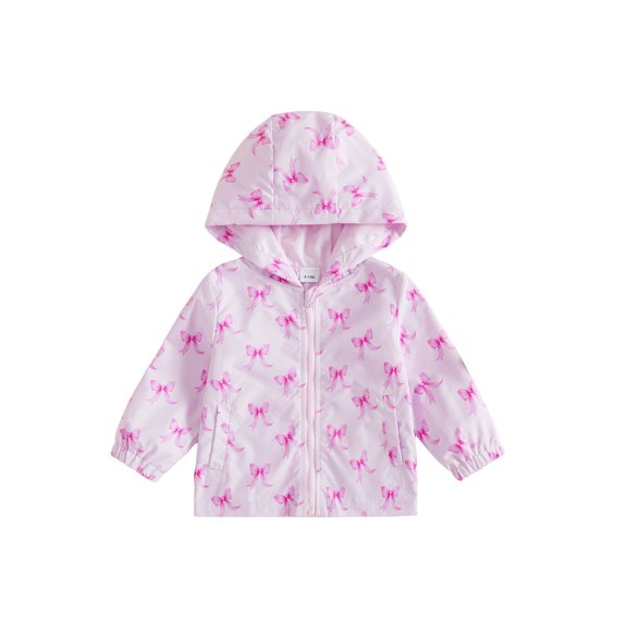 Cenuakty Kids Girl Windbreaker Hooded Jacket Waterproof Bow Print Zip up Cardigan