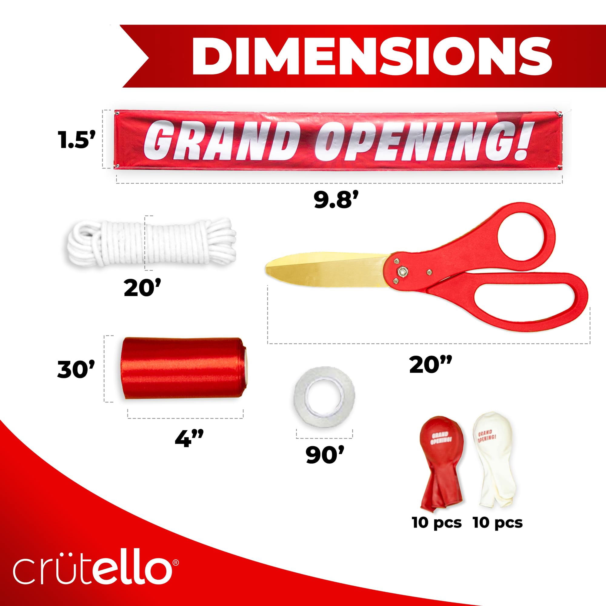 Crutello Ribbon Cutting Ceremony Kit - 20"Giant Red Scissors with Grand Opening Banner and 30 Foot Large Red Ribbon 4"Wide, 20 Balloons, 90 ft Balloon and 20 Feet Banner Rope for Decorations