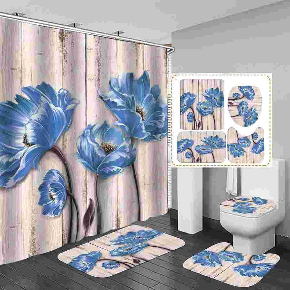 Floral Western Cowboy Tulip Waterproof Fabric Bath Shower Curtain &Hooks Mat Set 