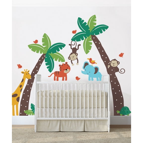 Palm Trees with Cute Jungle Animals Wall Decal - Scheme A
