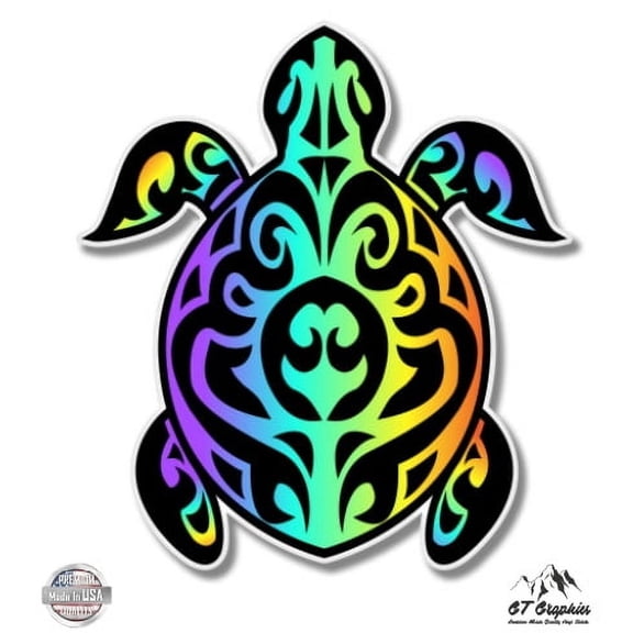 Turtle Tribal Design Colorful - 3" Vinyl Sticker - For Car Laptop I-Pad Phone Helmet Hard Hat - Waterproof Decal