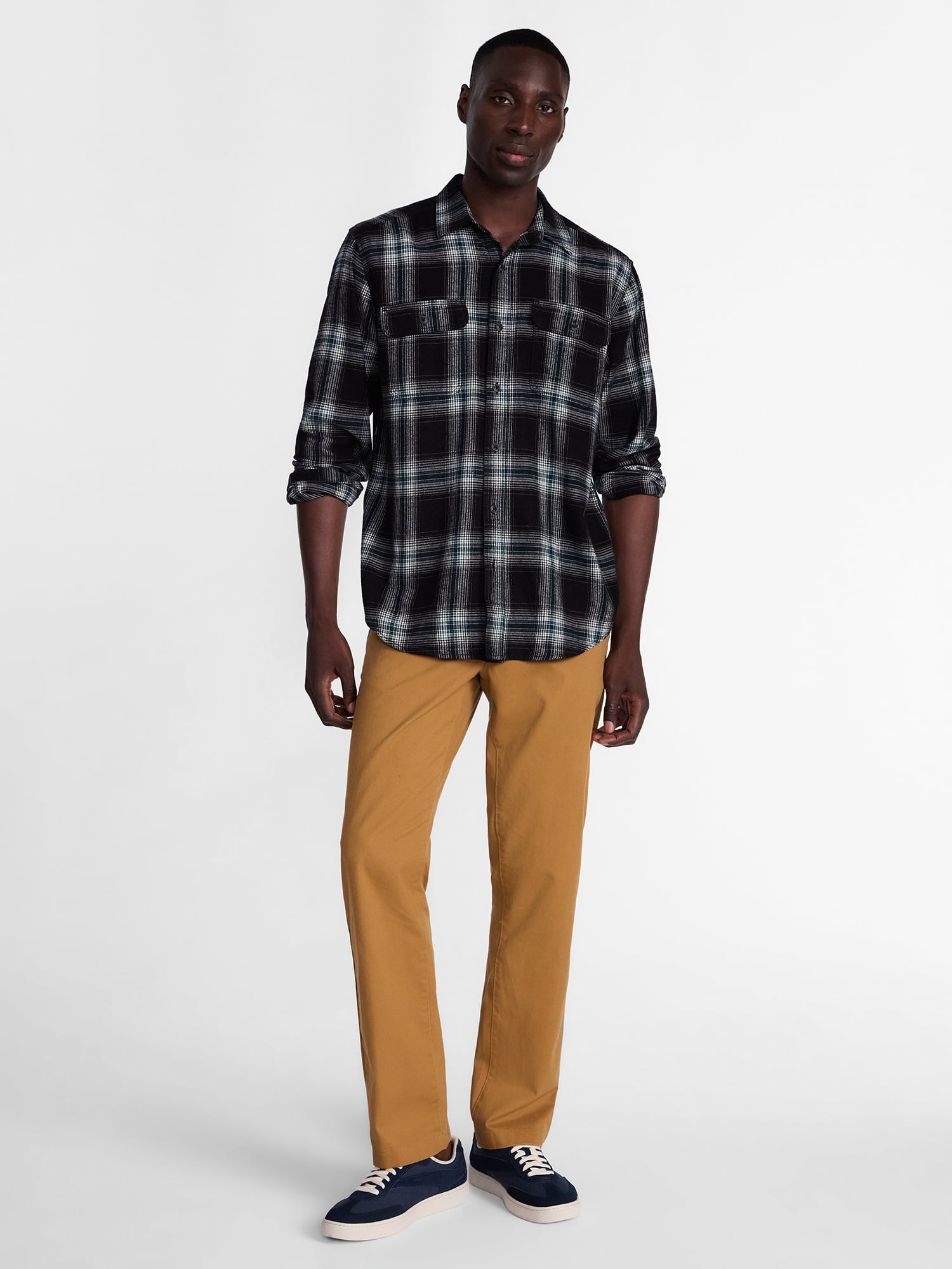 George Men's and Big Men's 100% Cotton Double Pocket Flannel Shirt, Sizes XS-3XLT