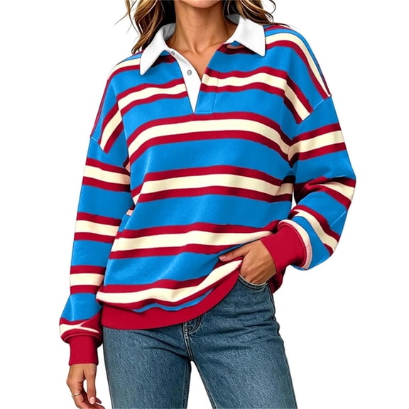 cocolona Womens Fall Sweatshirts Lapel Button Down Long Sleeve Shirts Striped Loose Casual Pullover Tops