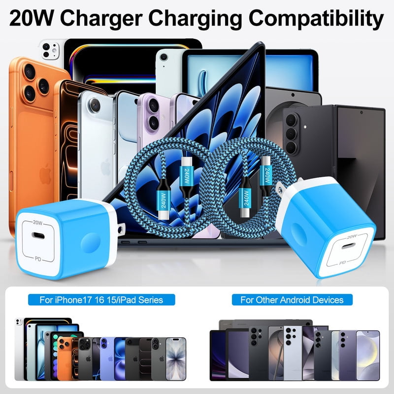 2 Pack PD 20W Fast Wall Charger Block, 20W Phone Charger with 6FT Type C Charger Block Cables, Compatible with iPhone 17/16/15 Pro Max iPad Pro Galaxy S26 Android,Blue