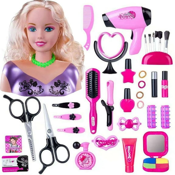 Byujiro Kids Hair Styling Head Mannequin, Pretend Play Beauty Salon with Working Hairdryer & Tools, Interactive Doll for Hairdresser Role Play
