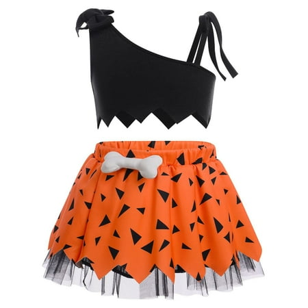 

KDFJPTH Toddler Outfits Kids Caveman Girls Dog Bones Historical Cavegirl Vest Tops Mesh Tulle Skirts Princess Clothes Set