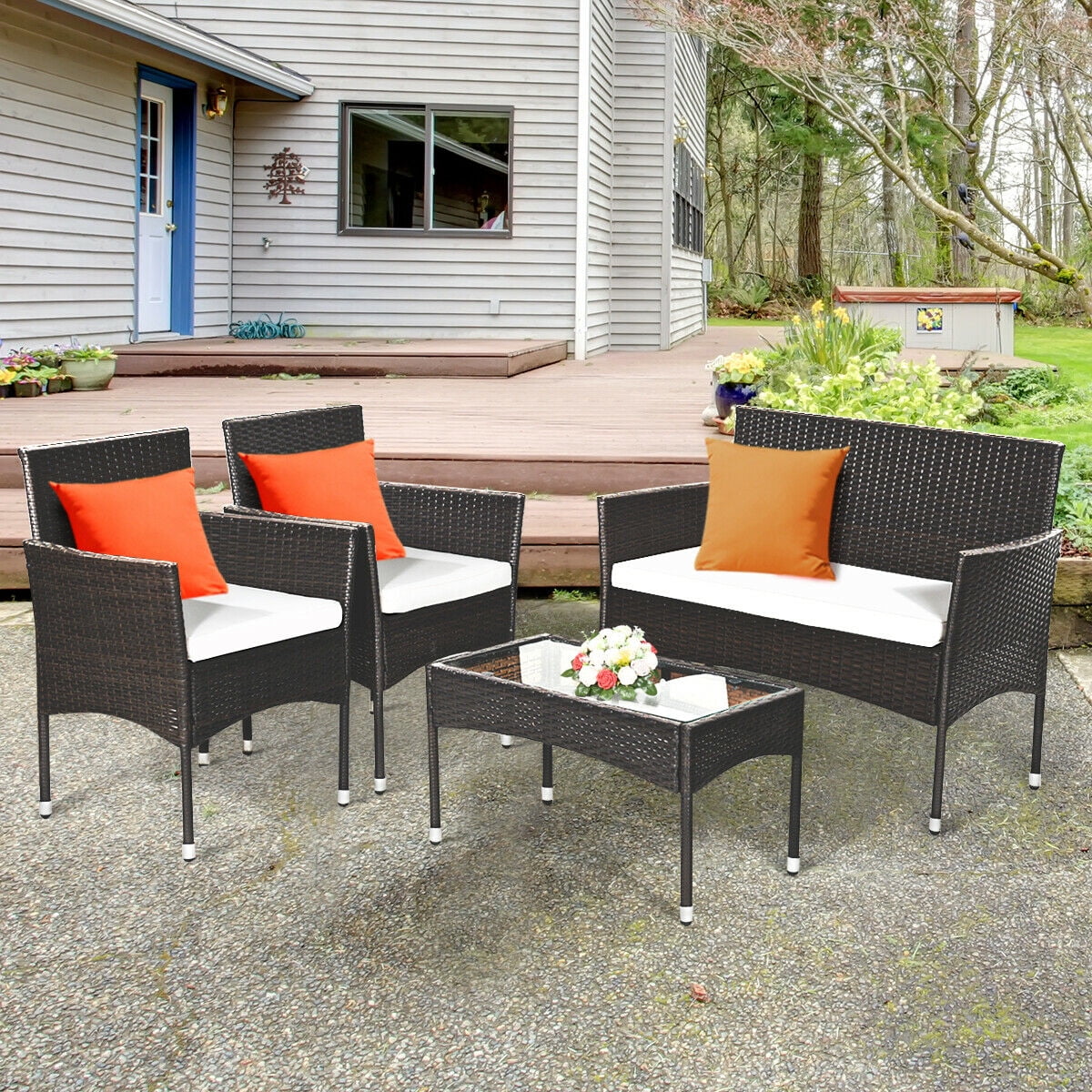 Gymax Set of 4 Rattan Wicker Furniture Patio Cushioned Chair Unit w