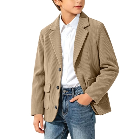 LUGOGNE Boys Blazer Jacket Corduroy Lapel Long Sleeve Suit Coat Solid Color Casual formal Outerwear with Flap Pockets for Fall Spring Transition
