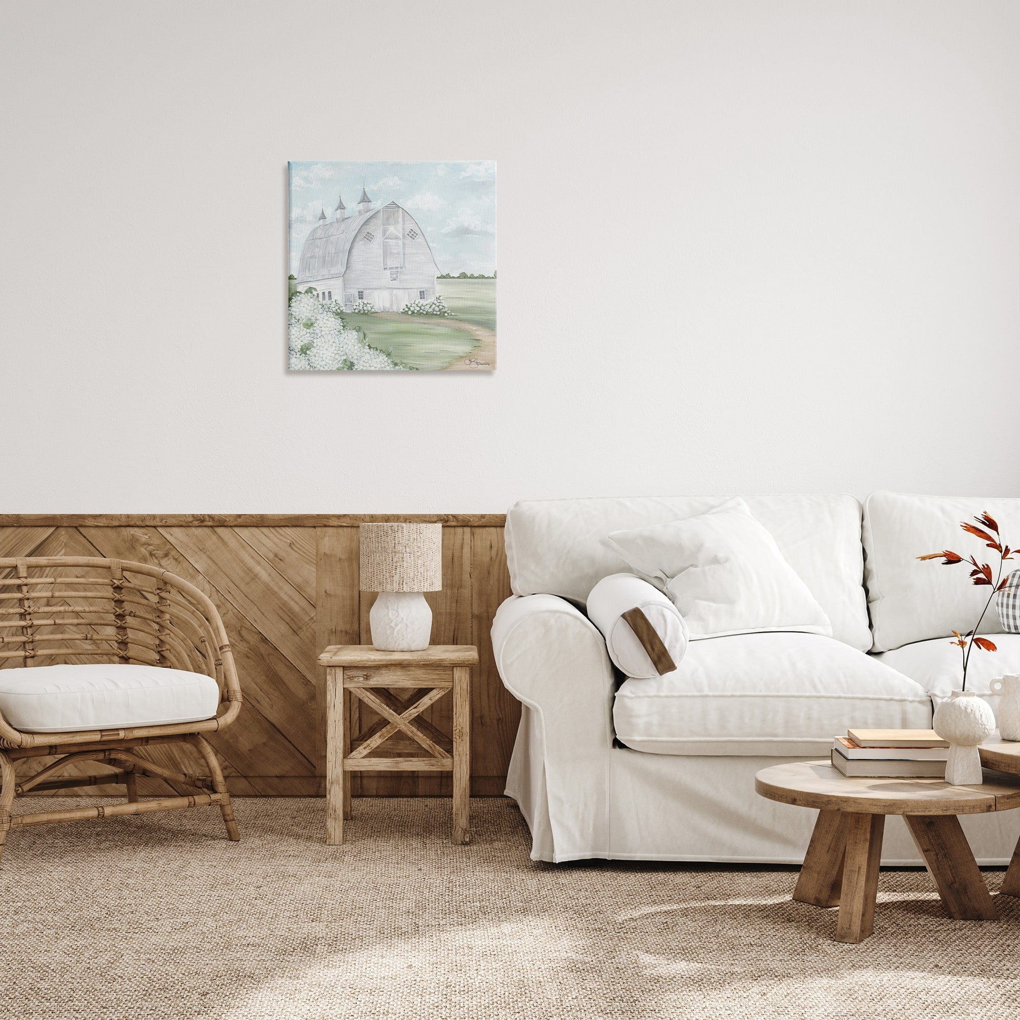 Stupell Industries Soft Country Landscape White Barn and Hydrangeas,24 x 24,Designed by Hollihocks Art