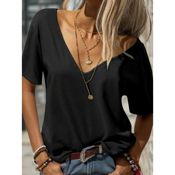Women Fashion Deep V-Neck Short Sleeve Tops Solid Casual Loose Basic T Shirt
