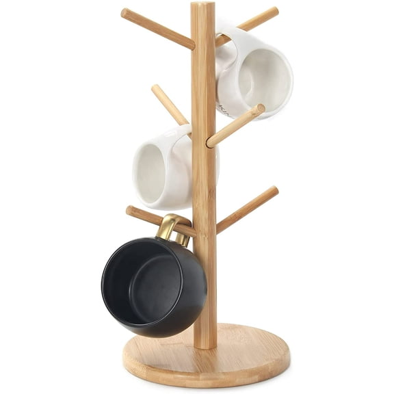 Bamboo Coffee Mug Tree,Mug Rack, Coffee Cup Holder for Countertop, Wooden Coffee Cup Holder Stand, Coffee Mug Holder with 6 Hooks