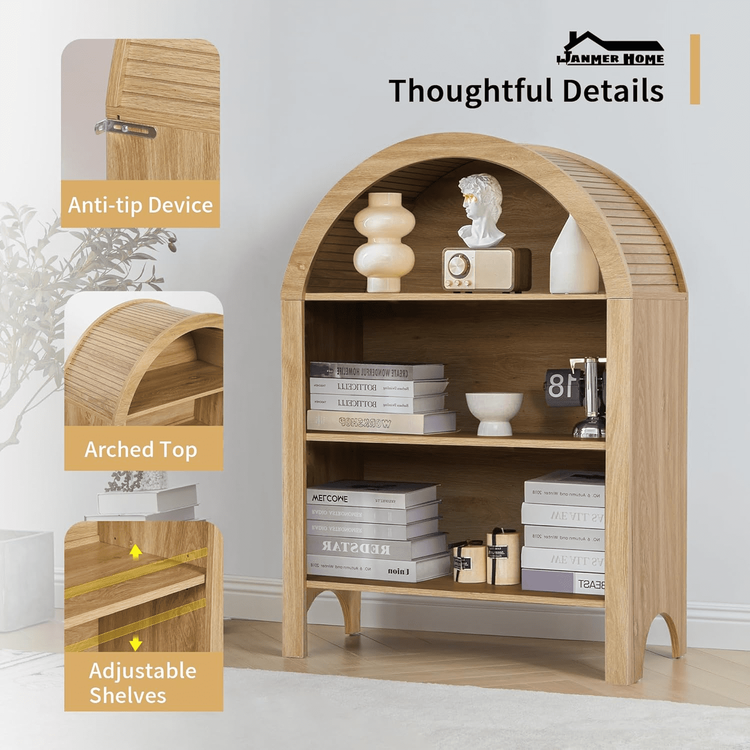 LEFHDA Small Kids Arched Bookshelf, Modern 3-Tier Open Bookshelf, Wood Freestanding Arched Bookcase with Adjustable Shelves, Covered Rounded Top Display Cabinet (Oak)