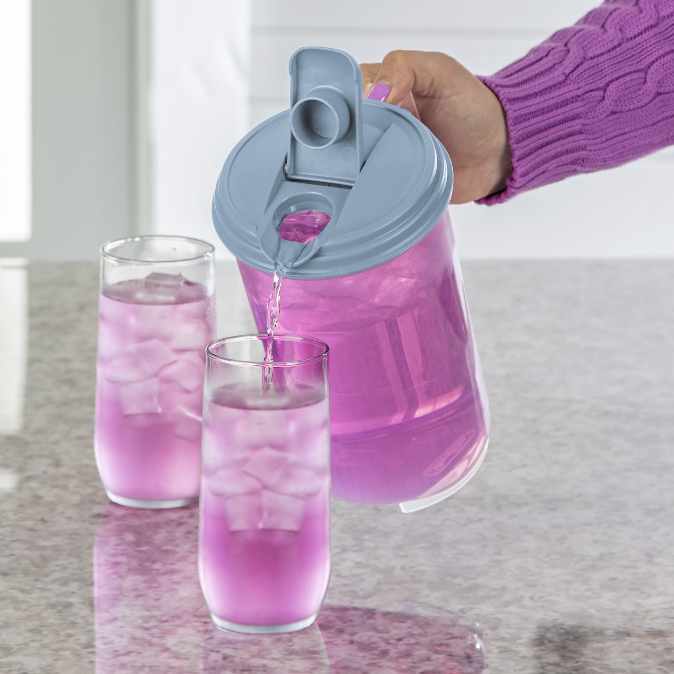 (2 pack) Sterilite, Pitcher, 2 Quart Round Pitcher, Clear Plastic, Flip-top Spout, Light Blue, plastic, 2 quart, useful for everyday beverage storage.