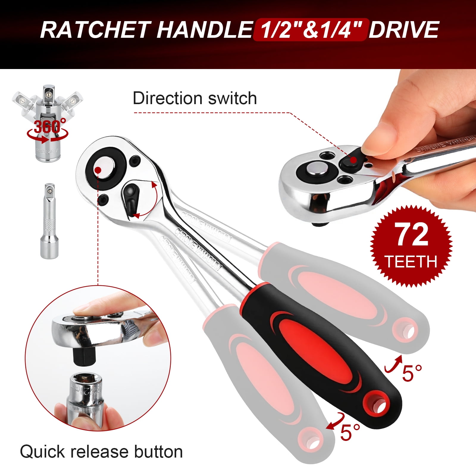 TLGREEN 108 Pcs Mechanic Socket Tool Kit, CR-V Steel Metric and Standard 1/4" & 1/2" Ratchet set, Universal Joint, Extension Bars,Adapter,Ratchet Wrench,Socket Set for Car