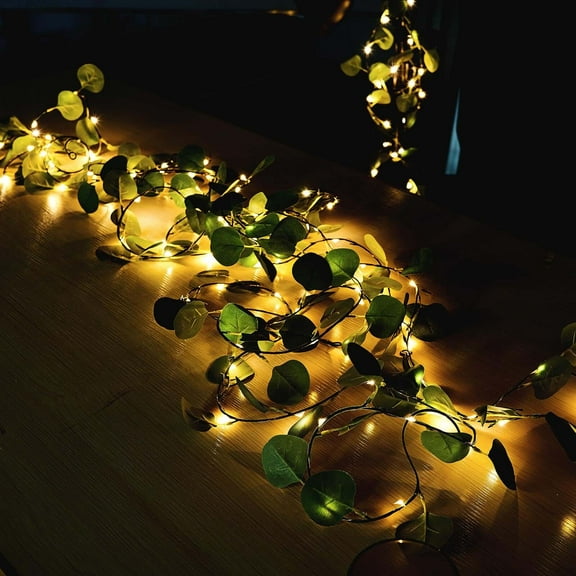 Efavormart 32FT 100 LED Green Artificial Eucalyptus Leaf Garland, Battery Operated Fairy String Lights Flowers Party Wedding Wall Garden Plants Decor Indoor Outdoor Decoration