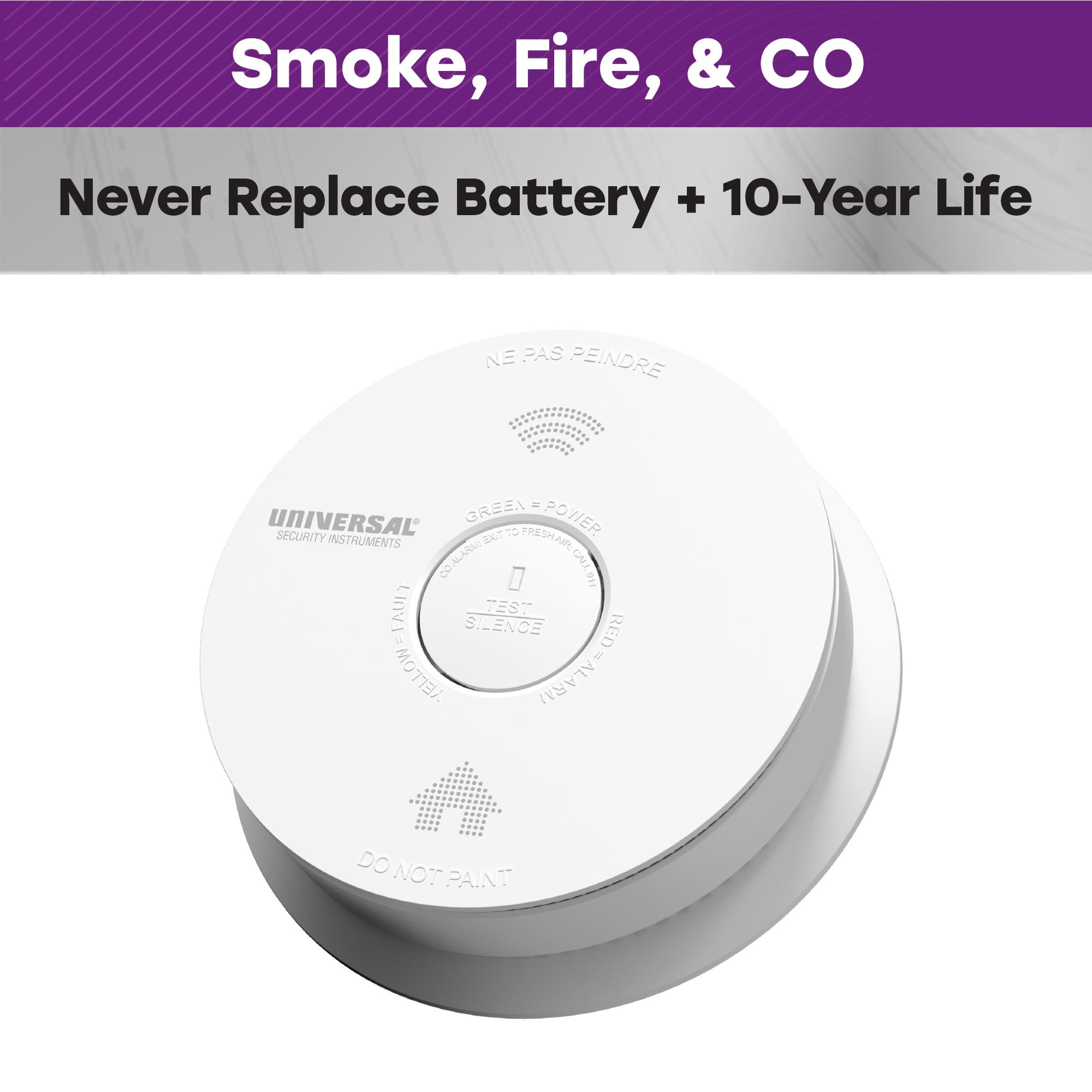 Universal Security Instruments 10-Year Battery Smoke, Fire, and Carbon Monoxide Alarm