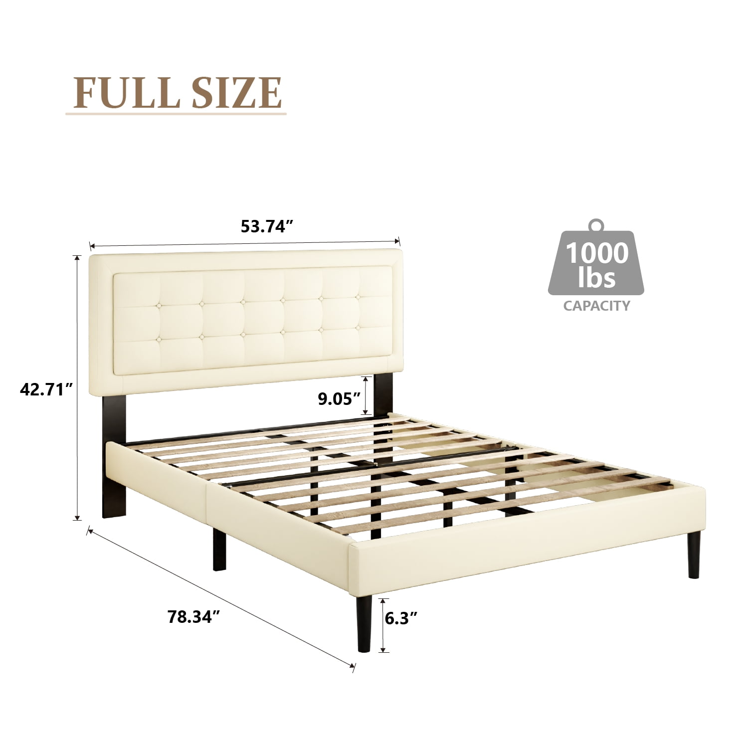 Unizone Full Size Bed Frame with Velvet Upholstered Headboard, Button Tufted Design,Wood Slats Support, No Box Spring Needed, Noise Free, Easy Assembly, Beige