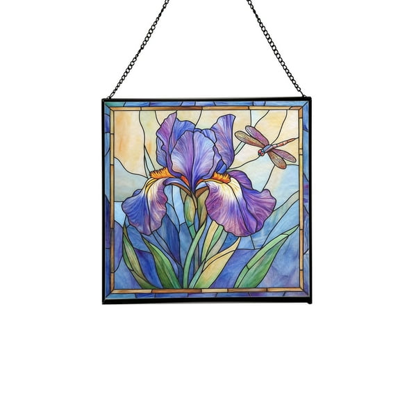 Tiffany Style Dragonfly and Flowers Square Stained Glass Suncatcher – Handmade Hanging Window Panel for Nature-Inspired Home, Garden, Office Decor 50CA5