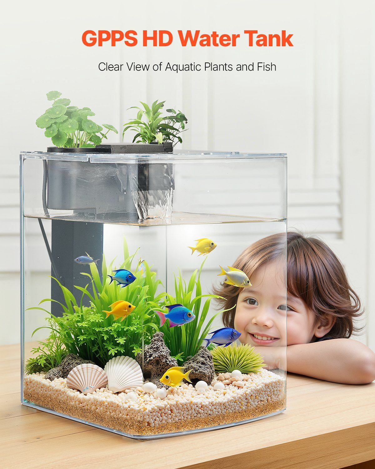 2 Gallon Fish Tank Aquarium Smart Arch Design with Clear GPPS Material, 3 Color LED Lighting, Self-Cleaning Function, Oxygenation and Water Circulation, Durable 3mm Thick Tank