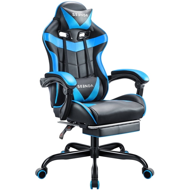 Gaming Chair, Seenda Video Game Chair with Footrest and Lumbar Support, Ergonomic Computer Chair Height Adjustable with Swivel Seat and Headrest, Blue