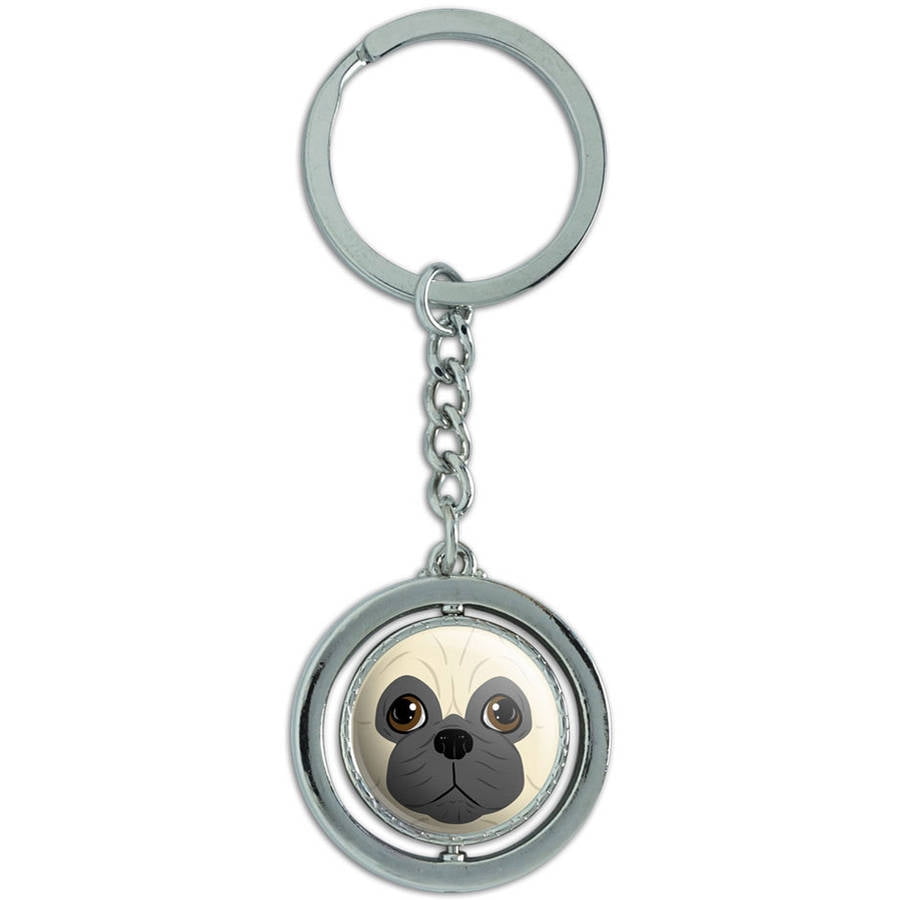 Pug Face Pet Dog Spinning Round Metal Key Chain Keychain Ring