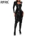 thumbnail image 2 of Vestido de látex de charol con cremallera frontal recortada para mujer, vestido ajustado hasta la rodilla con cuello alto y manga larga, ropa de club gótica punk, 2 of 5