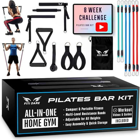 Multifunctional Pilates Bar Kit with Resistance Bands (25,30,35lb) and Videos | Portable Workout Equipment Home Gym for Women & Men of All Heights