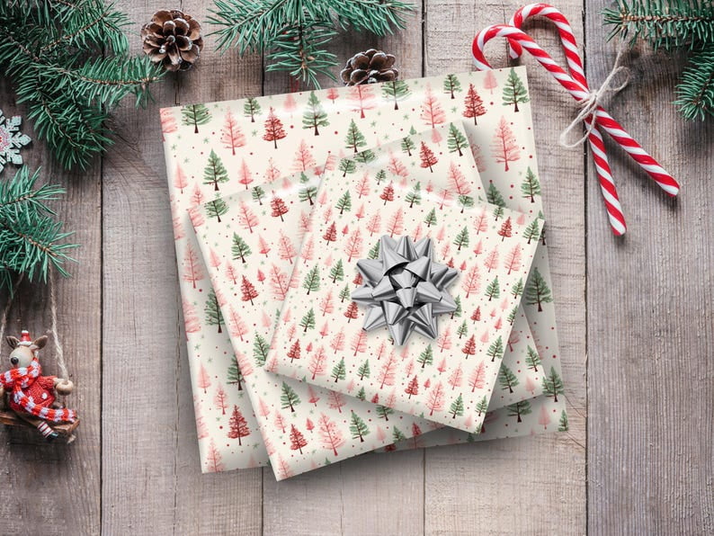 Pink & Green Christmas Wrapping Paper Pastel Xmas Tree Print Festive Gift Wrapping Paper Roll Christmas Classic Holiday Gift Wrap Paper Vintage Christmas Gift