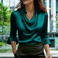 thumbnail image 2 of JGGSPWM Womens Satin Tops Trendy Fall Cowl Neck Shirts 3/4 Length Sleeve Elegant Clothes Office Business Dressy Casual Outfits Green S, 2 of 7