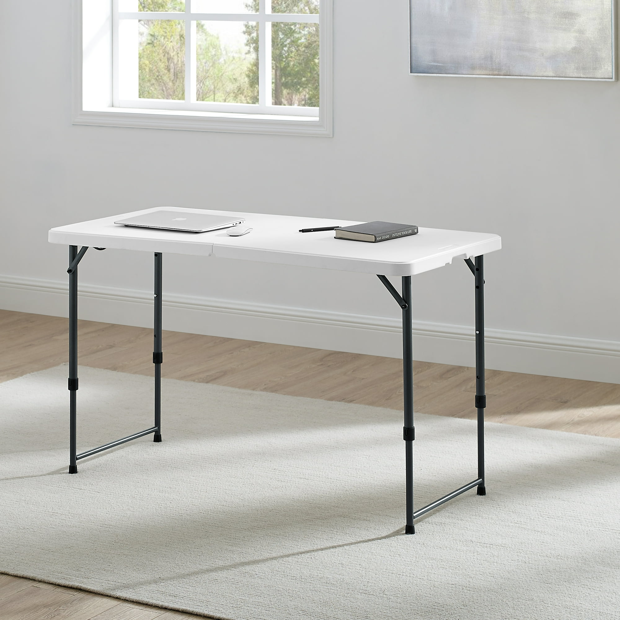 Mainstays 4 ft Adjustable Height Fold-in-Half Folding Table, White