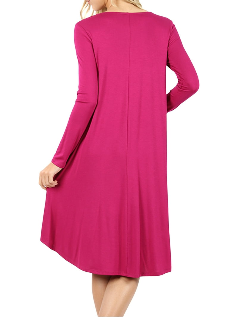Womens & Plus Round Neck Long Sleeve Knee Length A-Line Swing Trapeze Dress (Magenta, M)