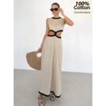 thumbnail image 4 of Apricot 100% Cotton Sleeveless Color-Blocked Hollowed-Out Maxi Dress, High-Waisted With Slit, Casual Beach Elegance, 4 of 6