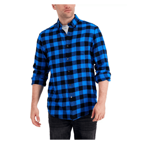 Club Room Men's Long Sleeve Regular-Fit Plaid Flannel Shirt, Sapphire, Size S