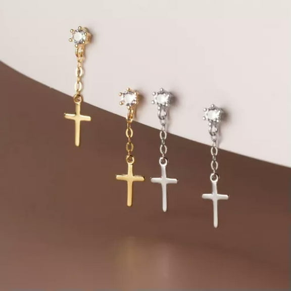 K-KED Simple 925 Sterling Silver Crytsal Cross Dangle Earrings Drop Stud Earrings-Gold