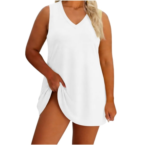 QUNYINEY White Womens Sundresses Mini Cotton Plus Size Sleeveless House Dresses Casual Flowy V Neck Summer Loose Fit Dresses