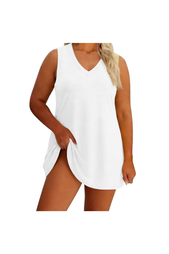 Women Plus Size V Neck Sleeveless Mini Dresses Solid Casual Basic Party Dresses, White 4XL