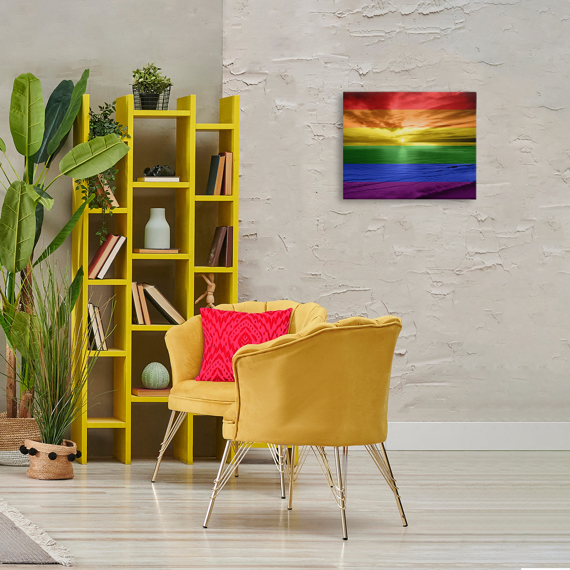 Stupell Industries Rainbow Sunset Beach Coastal Painting Gallery Wrapped Canvas Art Print Wall Art, 20 x 16
