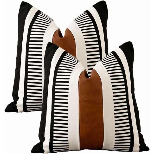 Juego de 2 fundas de cojín bohemias en blanco y negro con cuero moderno, almohada firme a rayas de 18.0 x 18.0 in para sofá cama