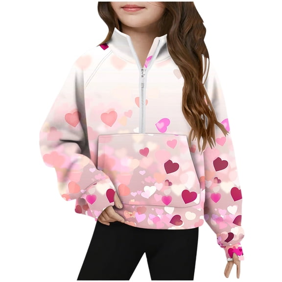 FAWUUDO Valentines Gift for Girls Big Youth Size Pullover Half Zip Stand Collar Thumb Hole Long Sleeve Casual Printed Sweatshirt Pink 9-10 Years