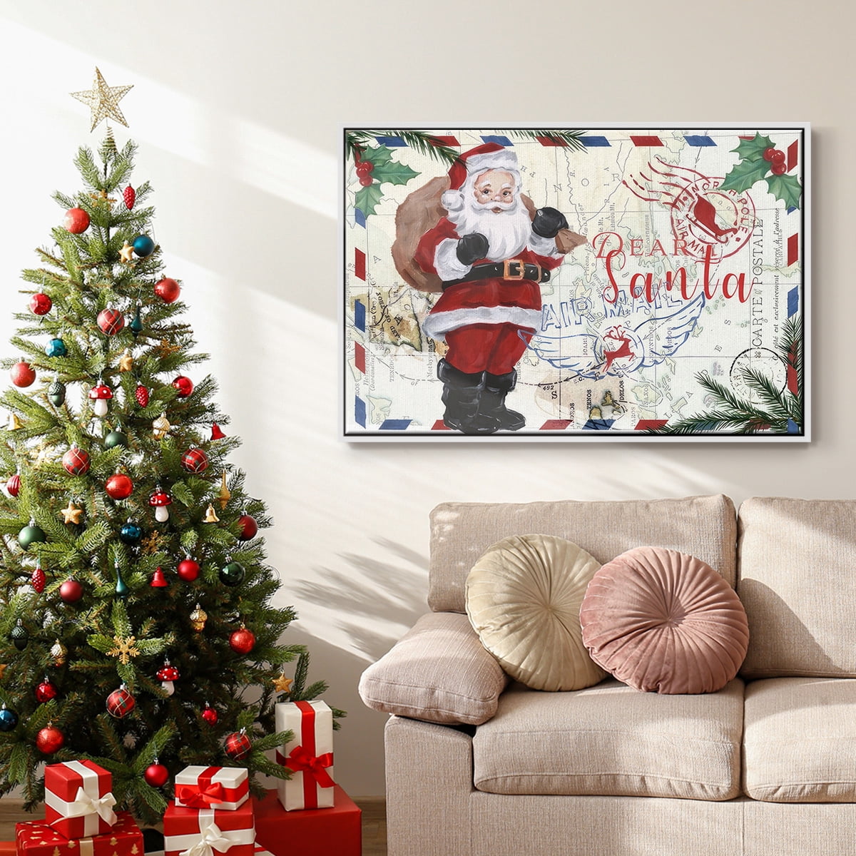 Christmas Par Avion Collection A - Framed Gallery Wrapped Holiday Canvas - 17 x 25 - White Frame