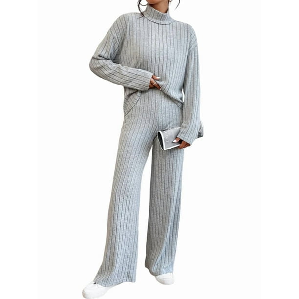 Conjuntos de 2 Piezas para Mujer para Otoño: Suéter de Punto de Viaje, Pantalones Anchos y Chándal para Estar en Casa. Gris XL