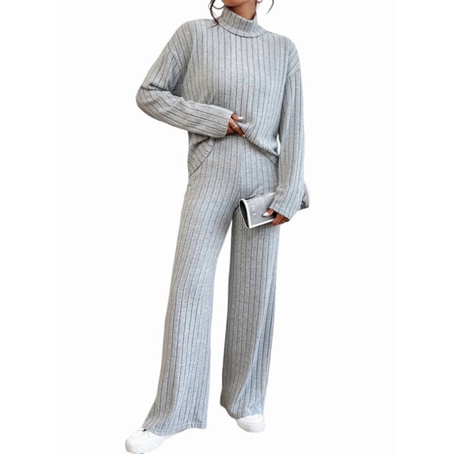 Conjuntos de 2 Piezas para Mujer para Otoño: Suéter de Punto de Viaje, Pantalones Anchos y Chándal para Estar en Casa. Gris M