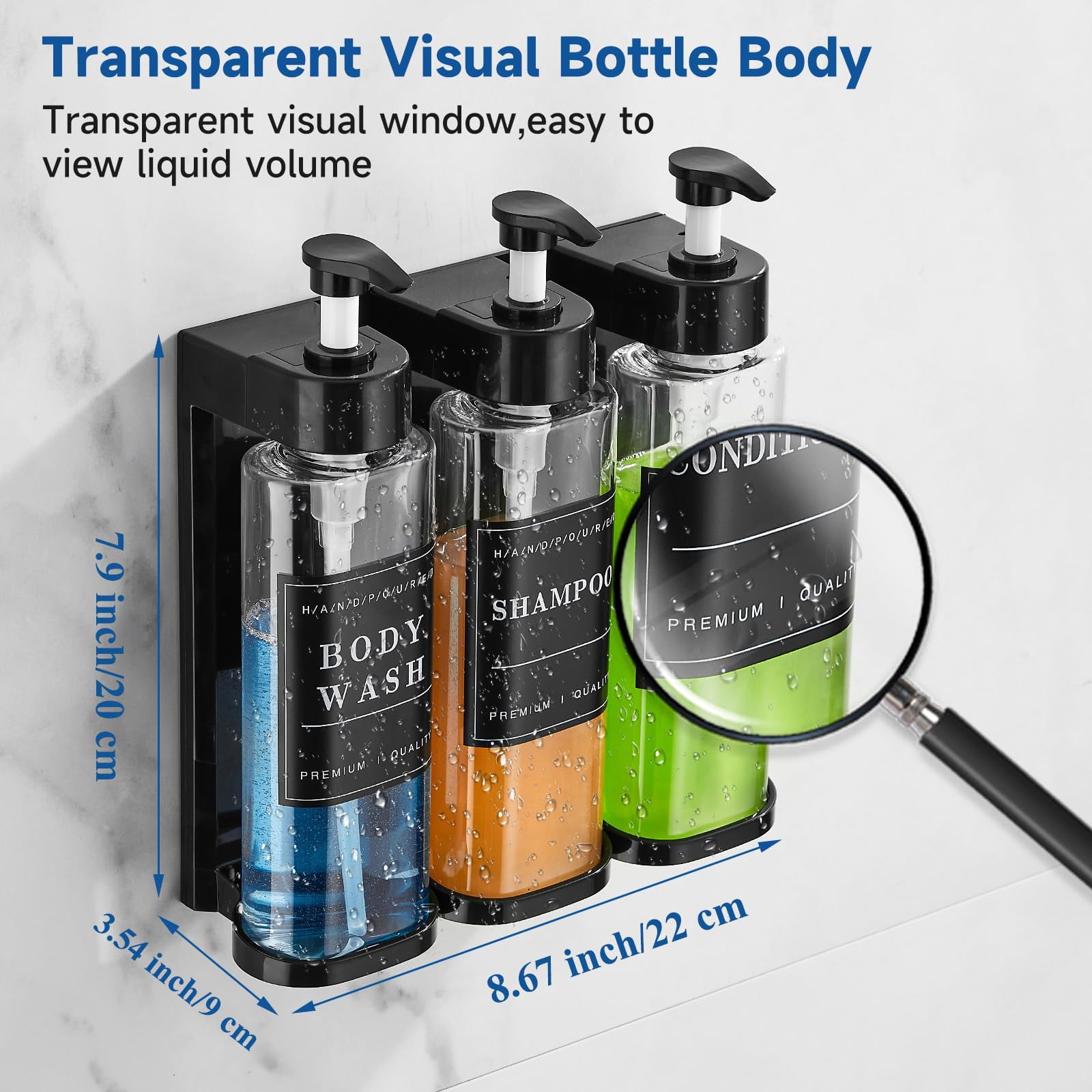 Shampoo and Conditioner Dispenser,Shower Soap Dispenser 3 Chamber No Drill Wall-Mounted Large Capacity